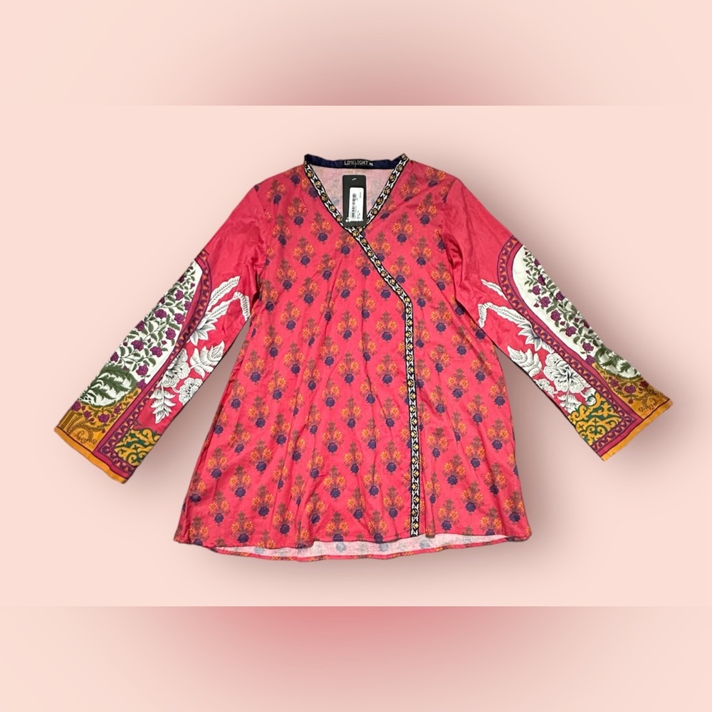 Kurti Tunic Top Women Sz XS Printed Cambric Eastern Ethnic Boho Floral Pink